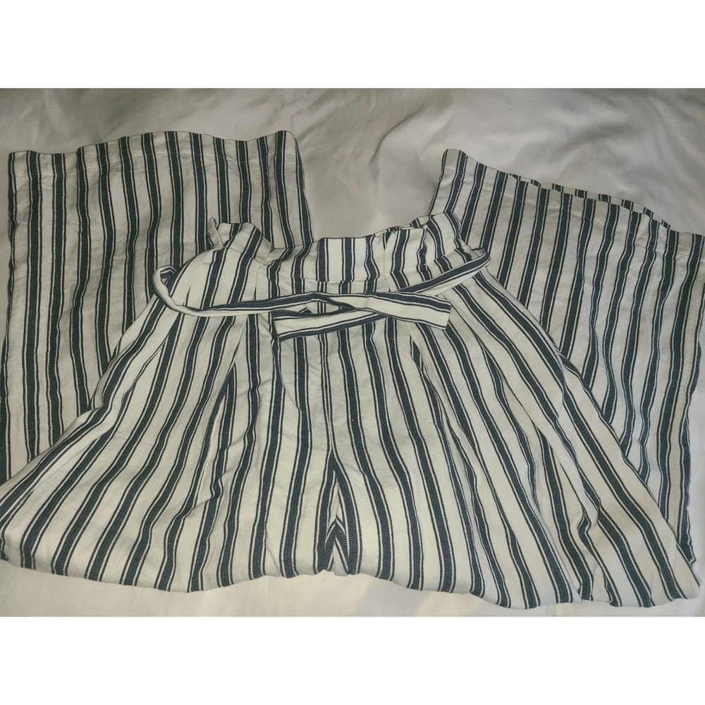 Three Graces London Striped Paperbag Waist Wide Leg Pants Navy White Size 8